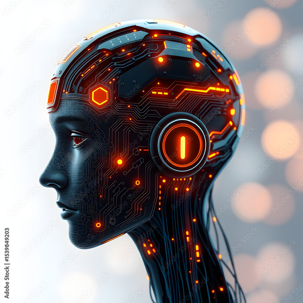 Aufkleber futuristic cybernetic head with glowing circuitry and digital processing for artificial intelligence