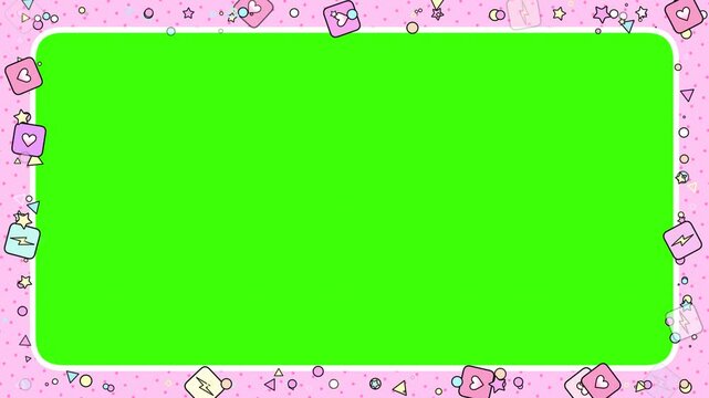 Looped cartoon playful frame with hearts, thunderbolts, squares, stars, triangles, and circles on green screen background.