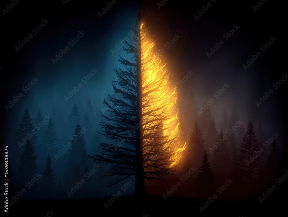 Aufkleber a striking visual representation of duality showing a tree split by elements of fire and ice illumin