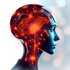 Futuristic cybernetic human head profile illuminated with glowing digital circuitry