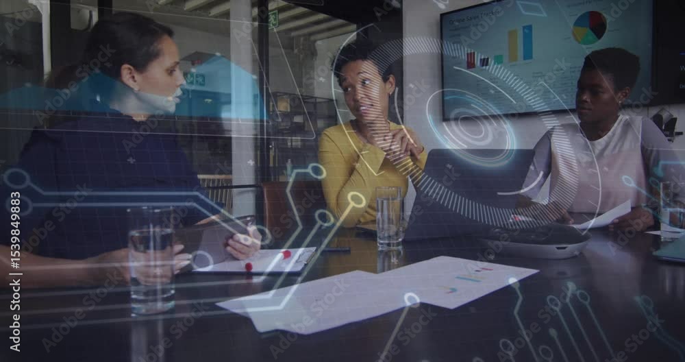 Poster business speaker leaning forward and explaining data metrics with circuit overlay guiding analysis