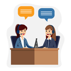 Two friendly girls in headphones are ready to help. Stylish flat illustration with call center.