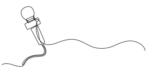 Obraz premium microphone news continuous one line drawing, Set of drawing of hands holding news microphone in continuous one line drawing style. Journalist, reporter concept. Vector illustration. 