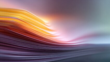 Abstract digital artwork depicting flowing, layered, luminous waves of purple, orange, and yellow, emanating a soft glow