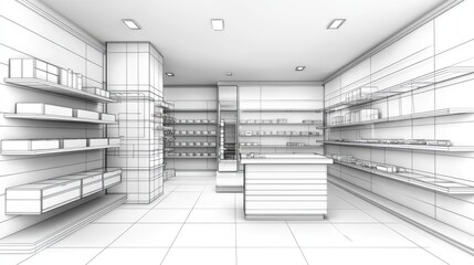 Interior design of a retail store layout in wireframe style.