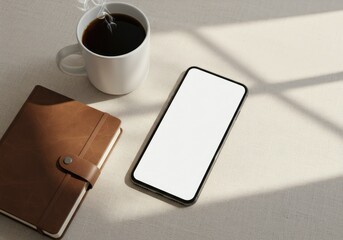 A phone journal and cup of coffee sit on a neutraltoned surface with sunlight casting shadows