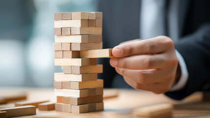 Businessman hand placing or pulling wooden block on the tower. Business planning, Risk Management, Plan and strategy in business
