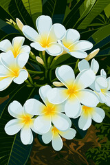 This image illustrates a beautifully stylized cluster of Plumeria flowers, also known as Frangipani. The blossoms are creamy white with soft yellow centers, radiating a sense of tropical serenity. The