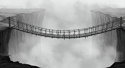 A rope bridge spans a chasm between two cliff faces shrouded in mist