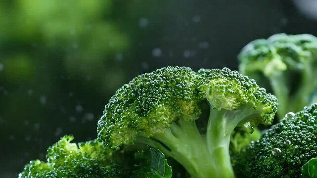 Fresh broccoli with droplets of water splashing around, highlighting its texture and vibrant green color.