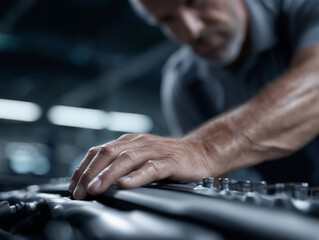 Close up of technicians hands working with car.