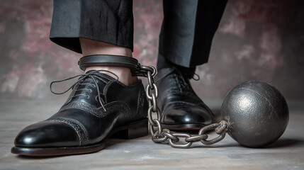 Close up feet of a person dressed in black slacks and polished leather shoes wraps with shackle and streaked metal ball while standing on the floor, Businessman shackled in the iron ball and chain