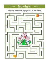 Maze game: Can you help the three little pigs get out of the maze? Answer included.
