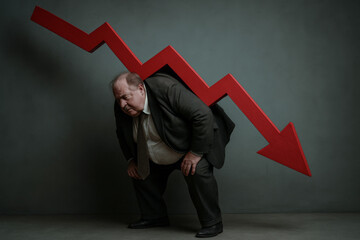 Overburdened businessman in a suit carries a heavy red downward arrow on his back, symbolizing financial crisis, recession, failure, or economic decline.