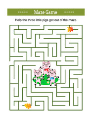 Maze game: Can you help the three little pigs get out of the maze? Answer included.
