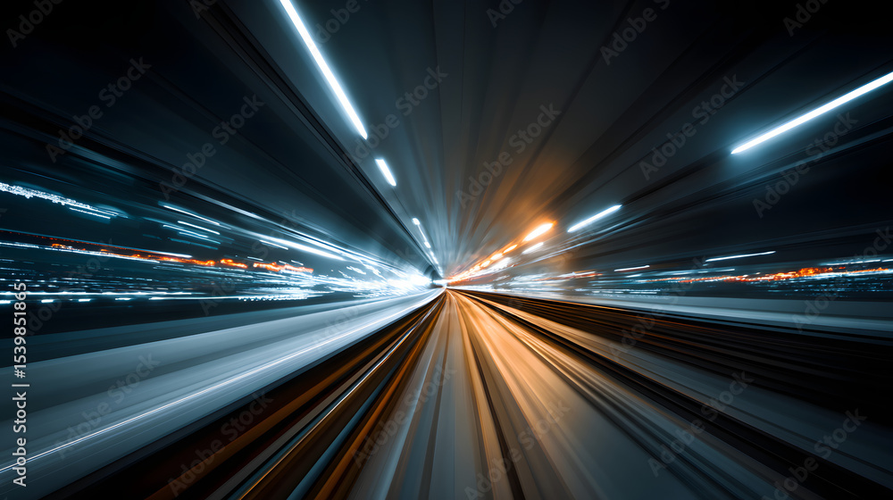 Poster high-speed motion blur through a futuristic tunnel with glowing lines and central light.
