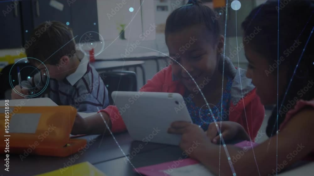 Aufkleber classmates writing notes, tapping tablet and watching while activating tech visuals swirling