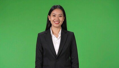 Smiling businesswoman with green screen.