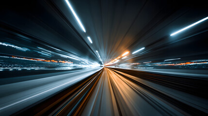 Obraz premium High-speed motion blur through a futuristic tunnel with glowing lines and central light.