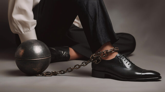 Close up feet of a person dressed in black slacks and polished leather shoes wraps with shackle and streaked metal ball while standing on the floor, Businessman shackled in the iron ball and chain