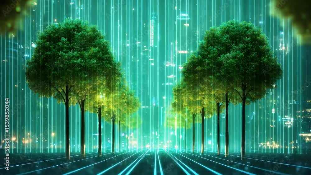 Aufkleber a futuristic scene with glowing trees and vertical light lines, creating a digital or cybernetic lan