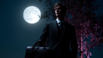 Mysterious business figure stands under full moon in urban night setting with briefcase