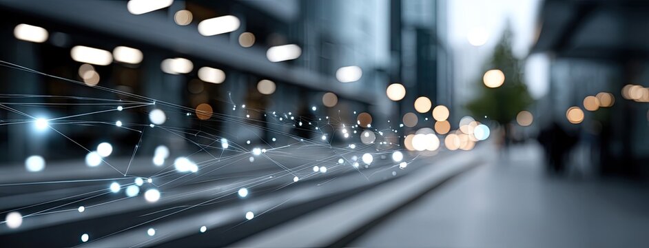 Vibrant neon lights illustrate data points and bar graphs against a dark blue skyline, showing the rise of online advertising