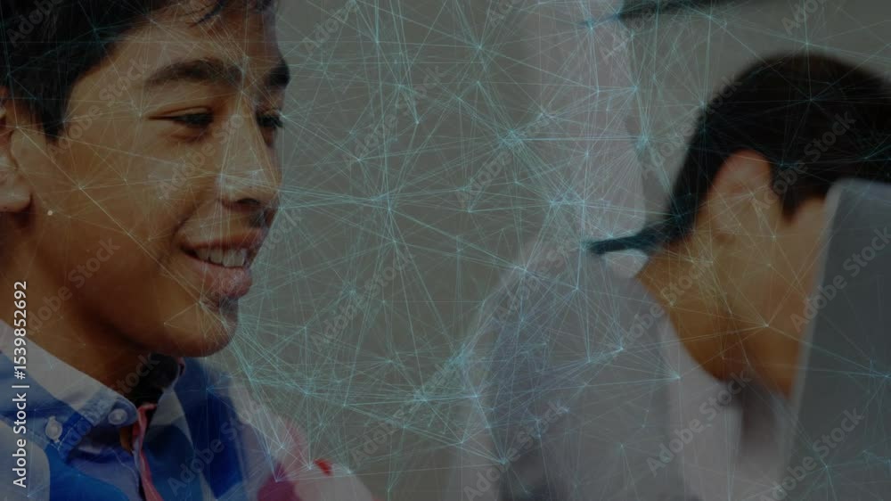 Poster foreground teen typing under overlay causing zooming out revealing peer working in computer lab
