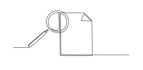 One Line Drawing of a Magnifying Glass Over Document.