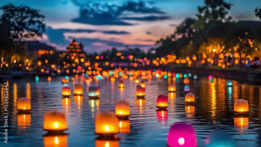 Poster a serene river scene at dusk, filled with glowing floating lanterns and a colorful bokeh effect in t