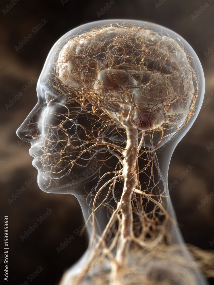 Poster exposed nervous system depicted as wires showcasing fragility against a dark, ethereal background
