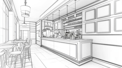 Architectural drawing of a coffee shop interior.