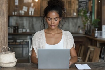 Female Entrepreneur Working on Laptop at Cozy Cafe