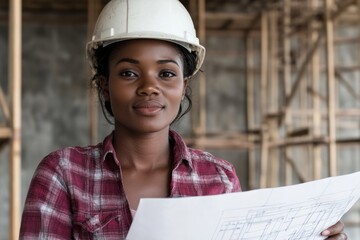 Female Engineer Reviewing Blueprint at Construction Site