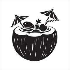 Coconut Drink Silhouette with Umbrella and Straw Vector Icon