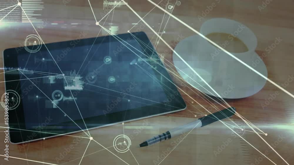 Aufkleber network lines appearing on tablet, pulsing nodes linking cup rim with pen tip, showing data flow