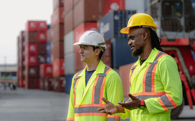 Industrial engineer standing at shipping container yard inspecting cargo delivering loading as plan. Cargo manager and diverse ethnic worker checking import export container at logistic terminal dock.