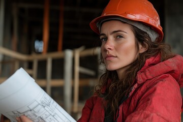 Woman Engineer Holding Blueprint on Active Construction Site