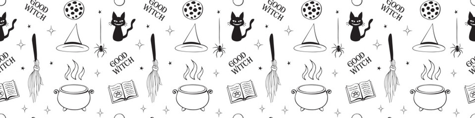 Halloween seamless pattern with good witch symbols - cat, magic book, witch hat, broom and cauldron. Power girls theme. Cute holiday kids decor