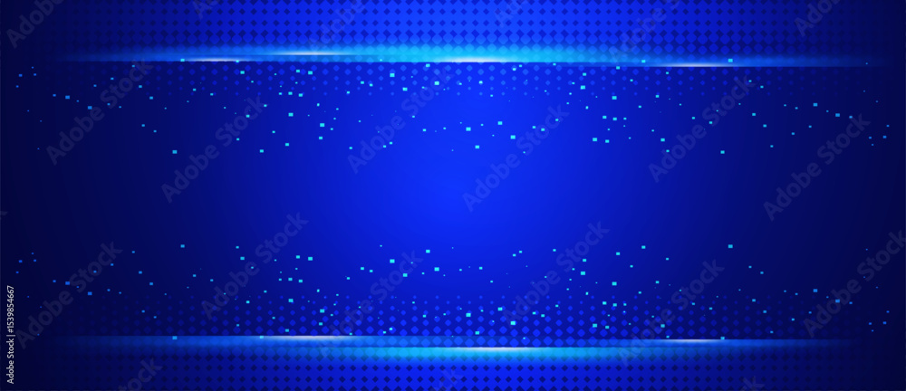 Poster abstract blue digital background with glowing particles and halftone patterns