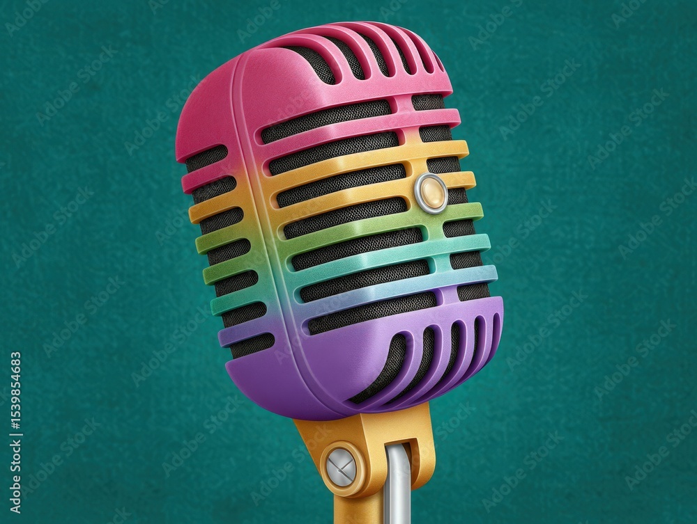 Poster colorful retro microphone with vibrant gradient design emphasizing musical creativity and artistic e