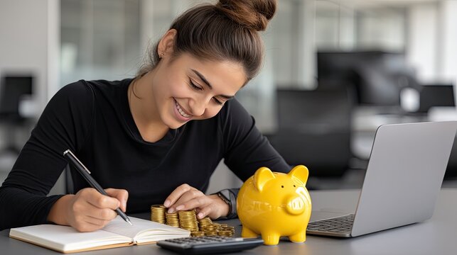 Happy woman focuses on budgeting and savings as she writes in a notebook and counts money in her home office