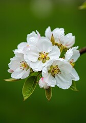 Fototapeta premium Closeup of white blossoms with raindrops green backdrop visible branch