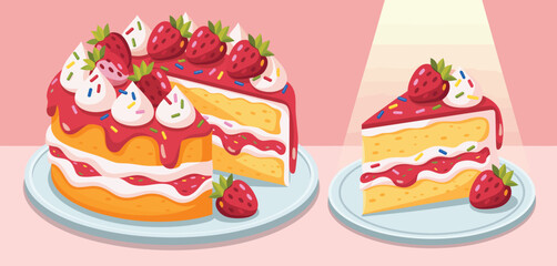 Delicious strawberry shortcake cake with a slice