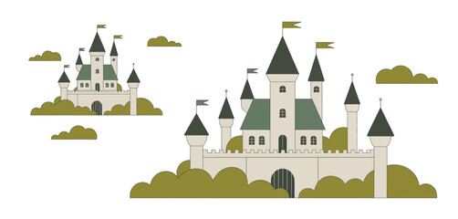 Obraz premium Two fairytale castles in green hills illustration