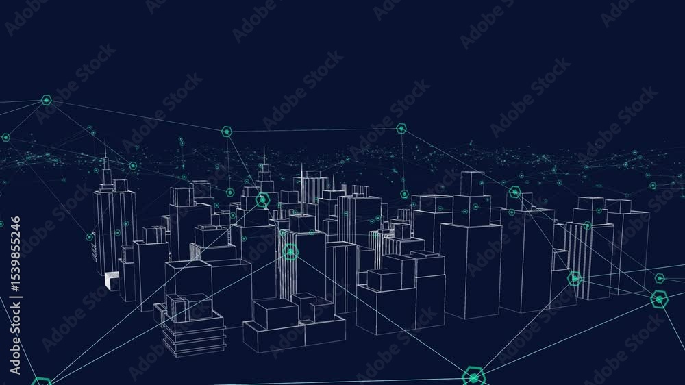 Poster glowing nodes lighting 3d cityscape connecting lines fading as camera rotating for network overlay