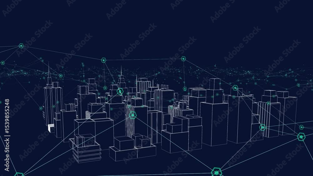 Poster green nodes appearing around wireframe city, camera panning connecting neon lines into data network