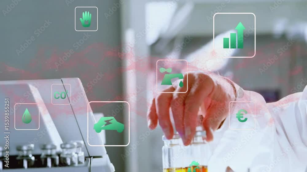 Poster digital icons floating scientist's hand gripping rotating inserting vials preparing sample analysis