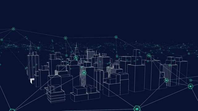 Glowing nodes lighting 3D cityscape connecting lines fading as camera rotating for network overlay