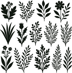 Seamless black and white floral and leaf pattern with nature inspired decorative silhouettes